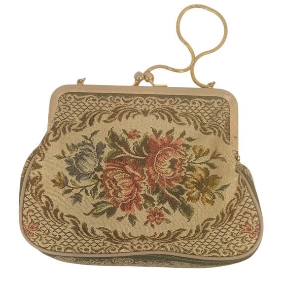 Vintage Floral Tapestry Purse Mid-Century Needlepoint Evening Bag Cottagecore - Picture 2 of 8